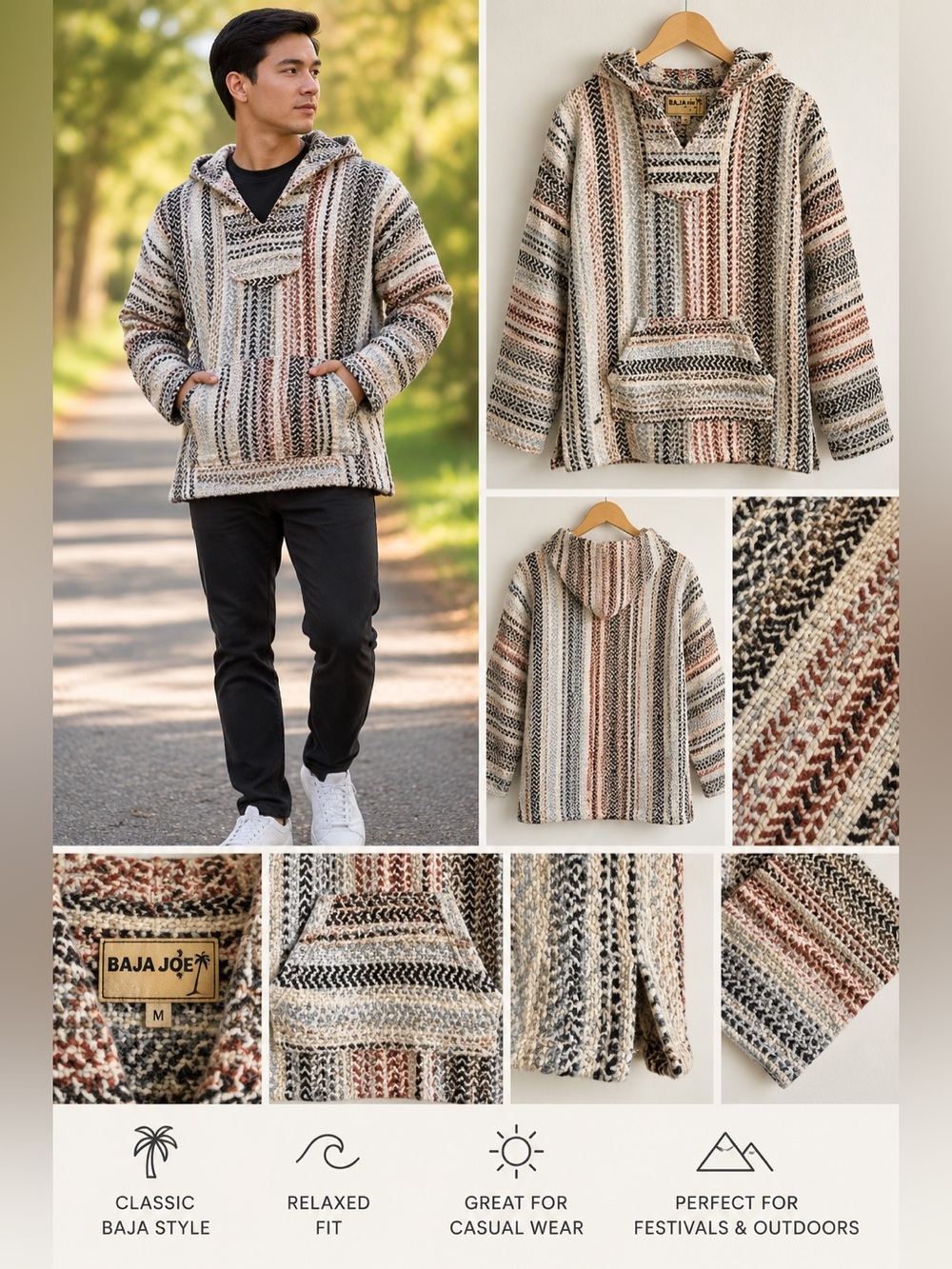 Baja Joe Baja Hoodie Sweater Pullover Medium Unisex Mexican Boho